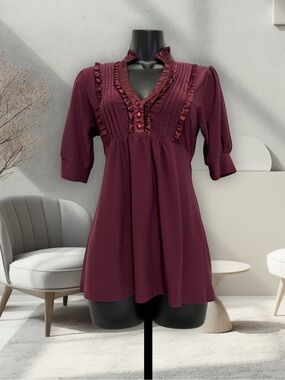 Women's Romantic Goth Burgundy Ruffle Pleat V-Neck Tunic Top